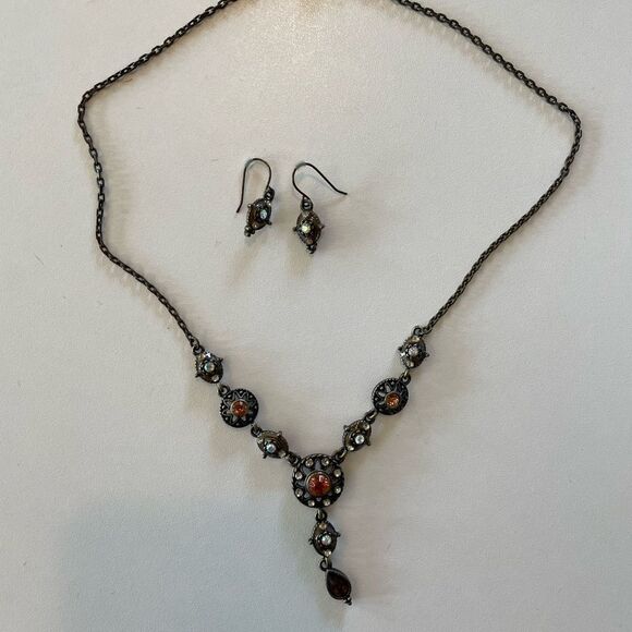 NIB Avon Topaz Color Y Necklace & Dangle Earrings Burnished Metal - Picture 6 of 10